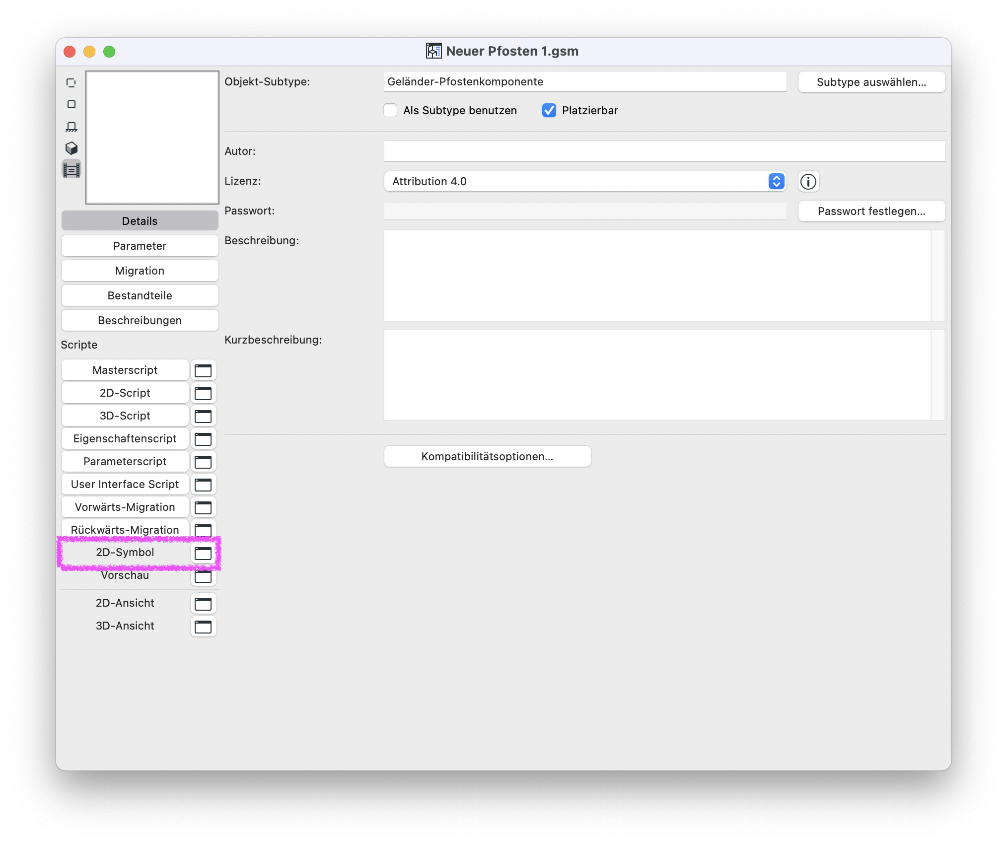 GDL-Editor eines Bibliothekselements „Neuer Pfosten 1.gsm“ mit ausgewähltem Bereich 2D-Symbol, in dem das 2D-Darstellungsskript des Objekts bearbeitet werden kann.