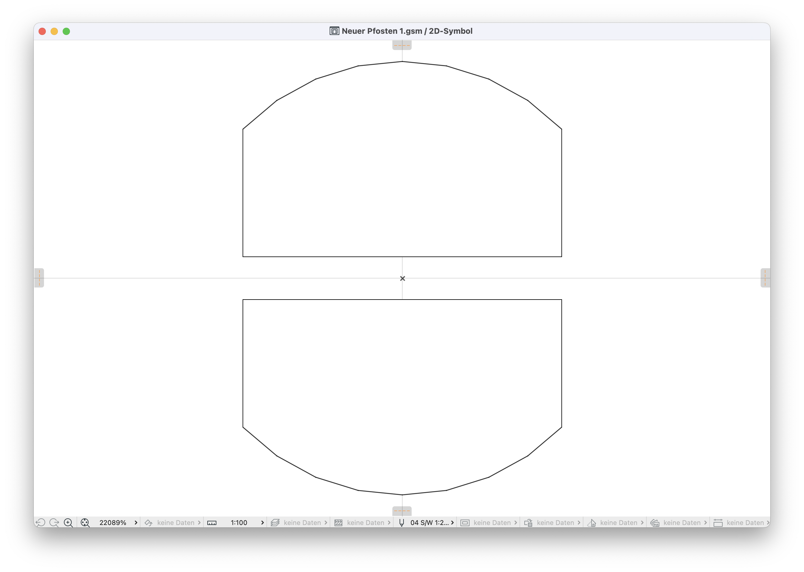 2D-Symbol-Editor eines GDL-Objekts mit gezeichneter Pfostengeometrie als polygonale Kontur und zentralem Referenzpunkt für die Platzierung im Grundriss.