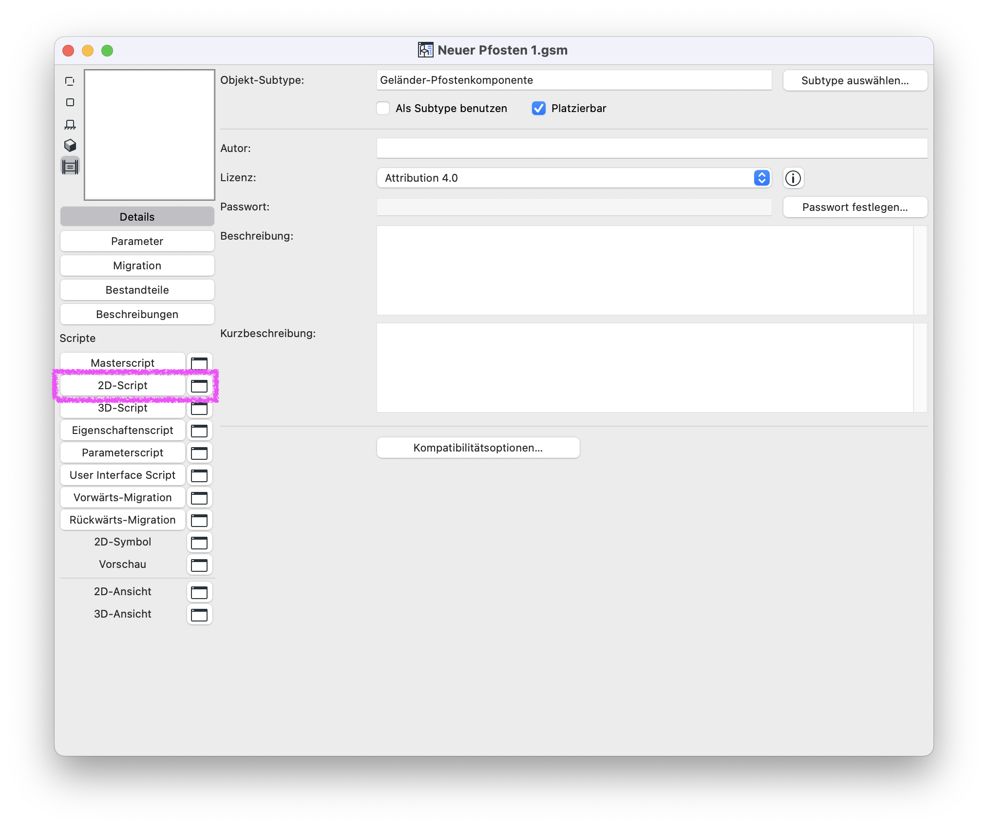 GDL-Editor eines Bibliothekselements mit hervorgehobenem 2D-Script, in dem die 2D-Darstellung des Objekts über GDL-Code definiert wird.