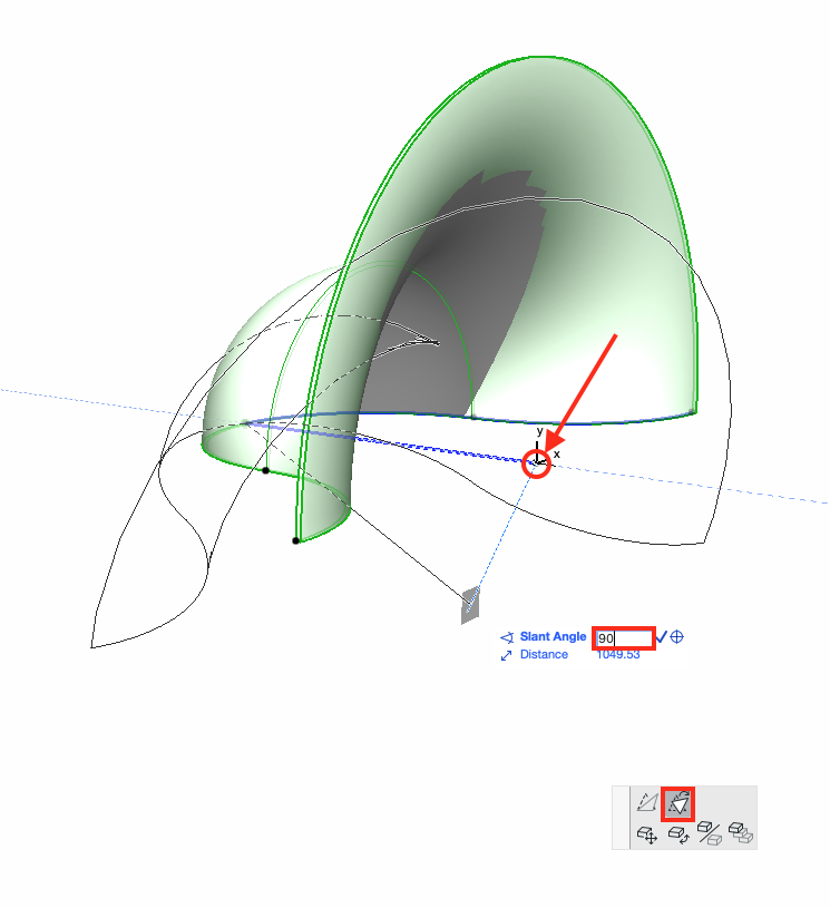 Vue 3D dans Archicad d’une coque verte complexe générée à partir de courbes, avec un vecteur d’orientation X‑Y surligné par une flèche rouge au pied de la coque, la palette contextuelle en bas à droite où le mode d’édition de coque est encadré, et une étiquette « Slant Angle » indiquant un angle de 90 degrés pour ajuster l’inclinaison de l’élément.