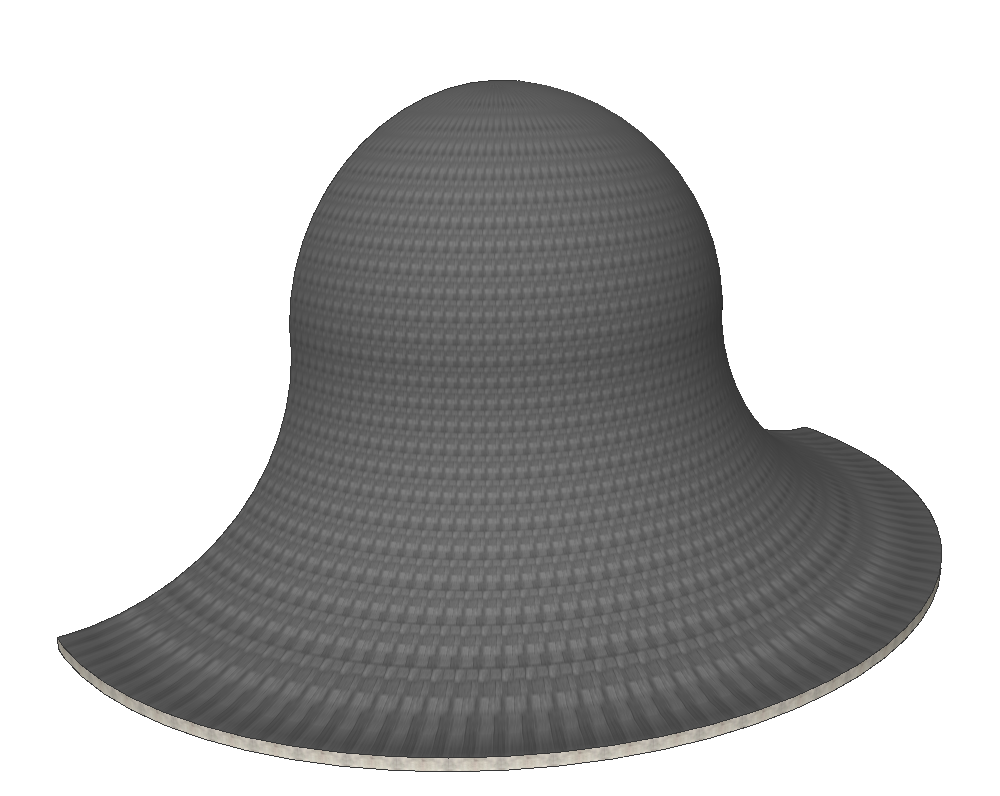 Vue 3D d’une coque Archicad terminée représentant un petit toit bombé en forme de cloche, avec surface gris foncé texturée par un motif régulier et rebord légèrement saillant à la base, prêt à être placé au-dessus d’une tourelle ou d’un volume circulaire.