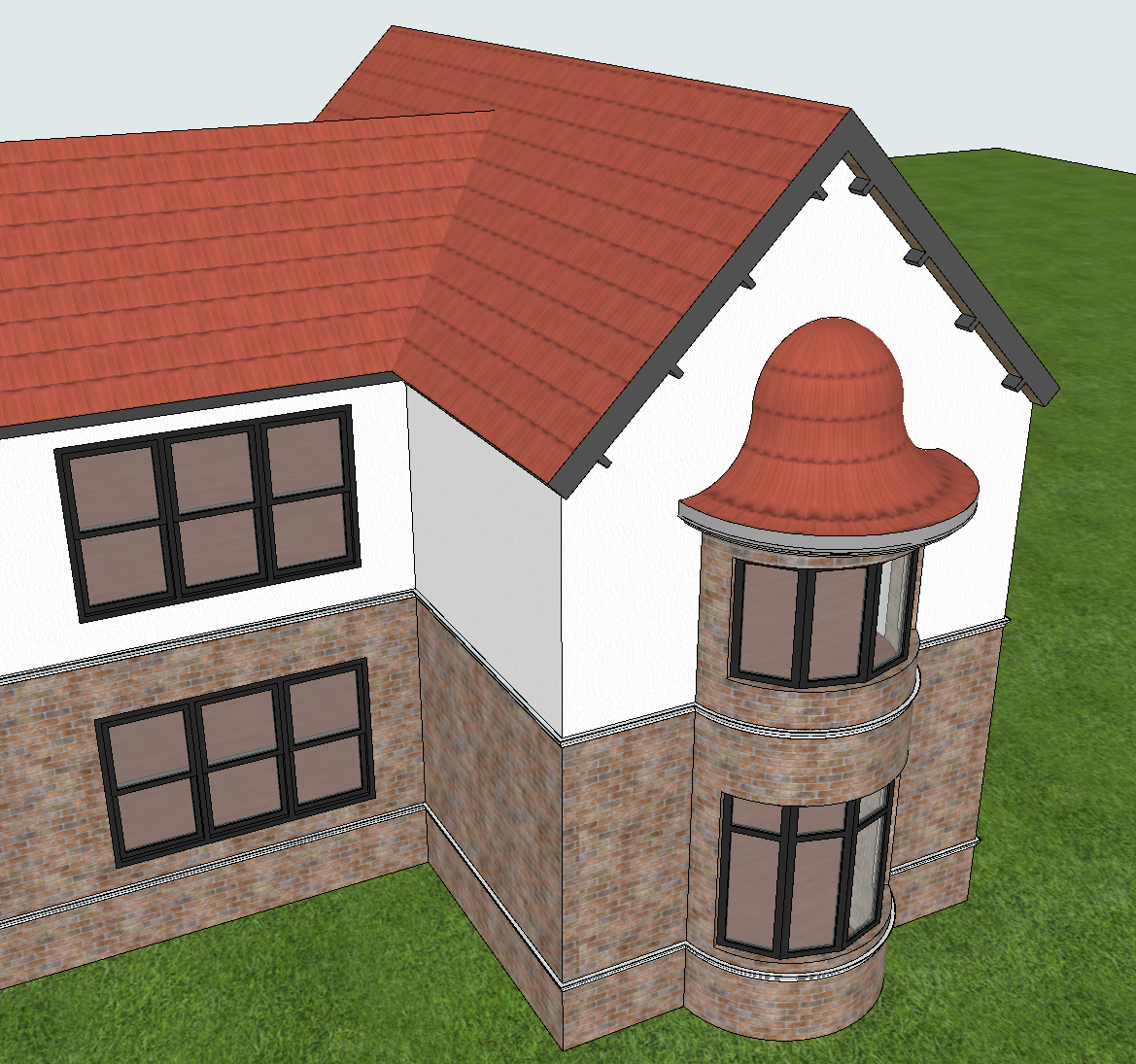 Vue 3D dans Archicad d’une maison où la coque de toit bombée rouge est maintenant placée au‑dessus d’une tourelle vitrée arrondie en briques, s’alignant avec le toit principal en tuiles rouges et la façade combinant rez‑de‑chaussée en briques et étage crépi blanc avec grandes fenêtres noires.