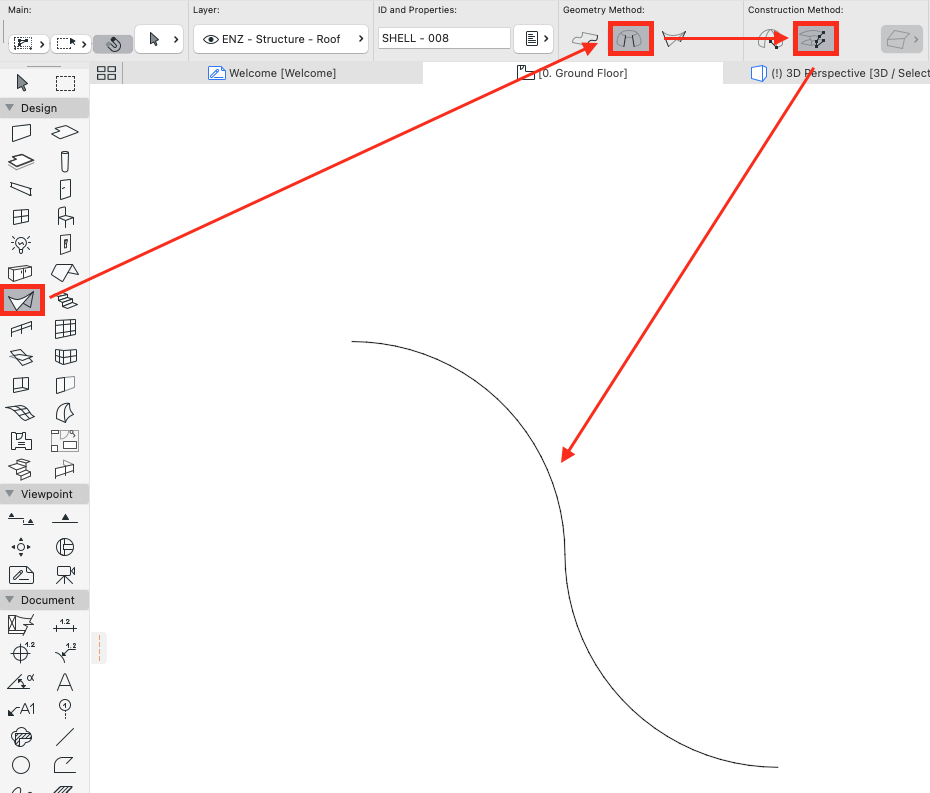 Capture d’écran d’Archicad montrant la palette d’outils à gauche avec l’outil Coque (Shell) surligné, la barre d’options en haut où les méthodes de géométrie et de construction sont encadrées en rouge, et des flèches rouges pointant vers une ligne courbe dessinée dans la zone de travail pour illustrer la création d’une coque à partir d’un tracé.
