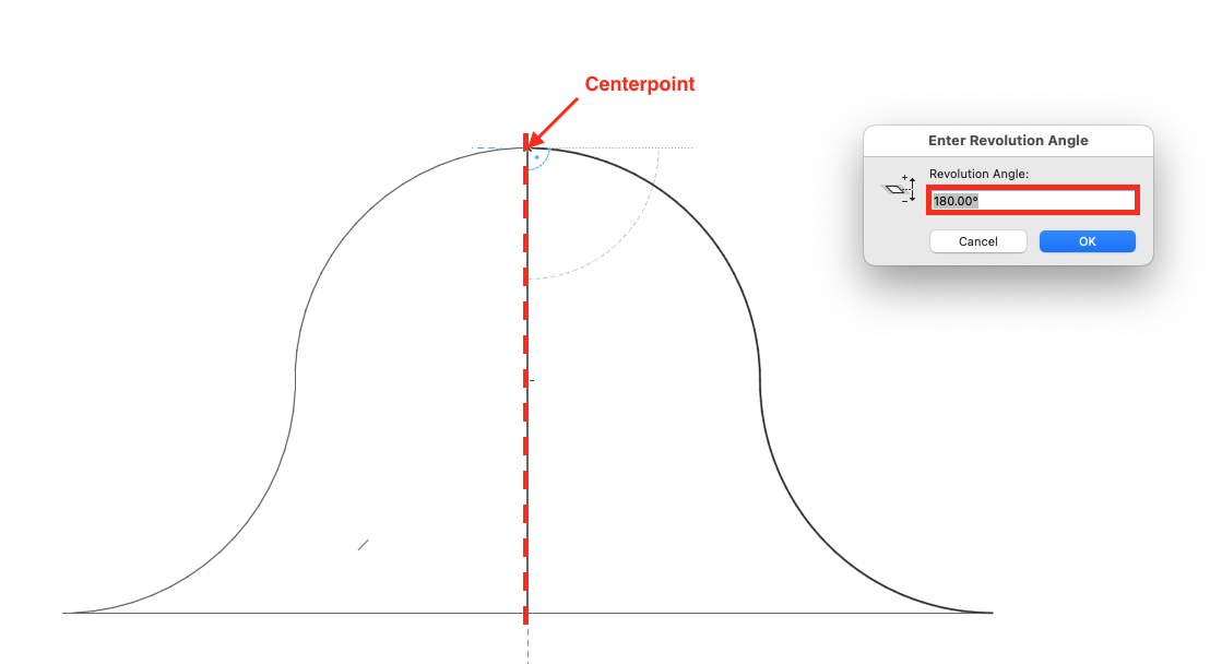 Dessin 2D dans Archicad montrant un profil courbe symétrique autour d’un axe vertical rouge en pointillés, avec une flèche indiquant le « Centerpoint » en haut de la courbe et, à droite, la boîte de dialogue « Enter Revolution Angle » où l’angle de révolution est saisi à 180 degrés pour créer une coque par révolution.