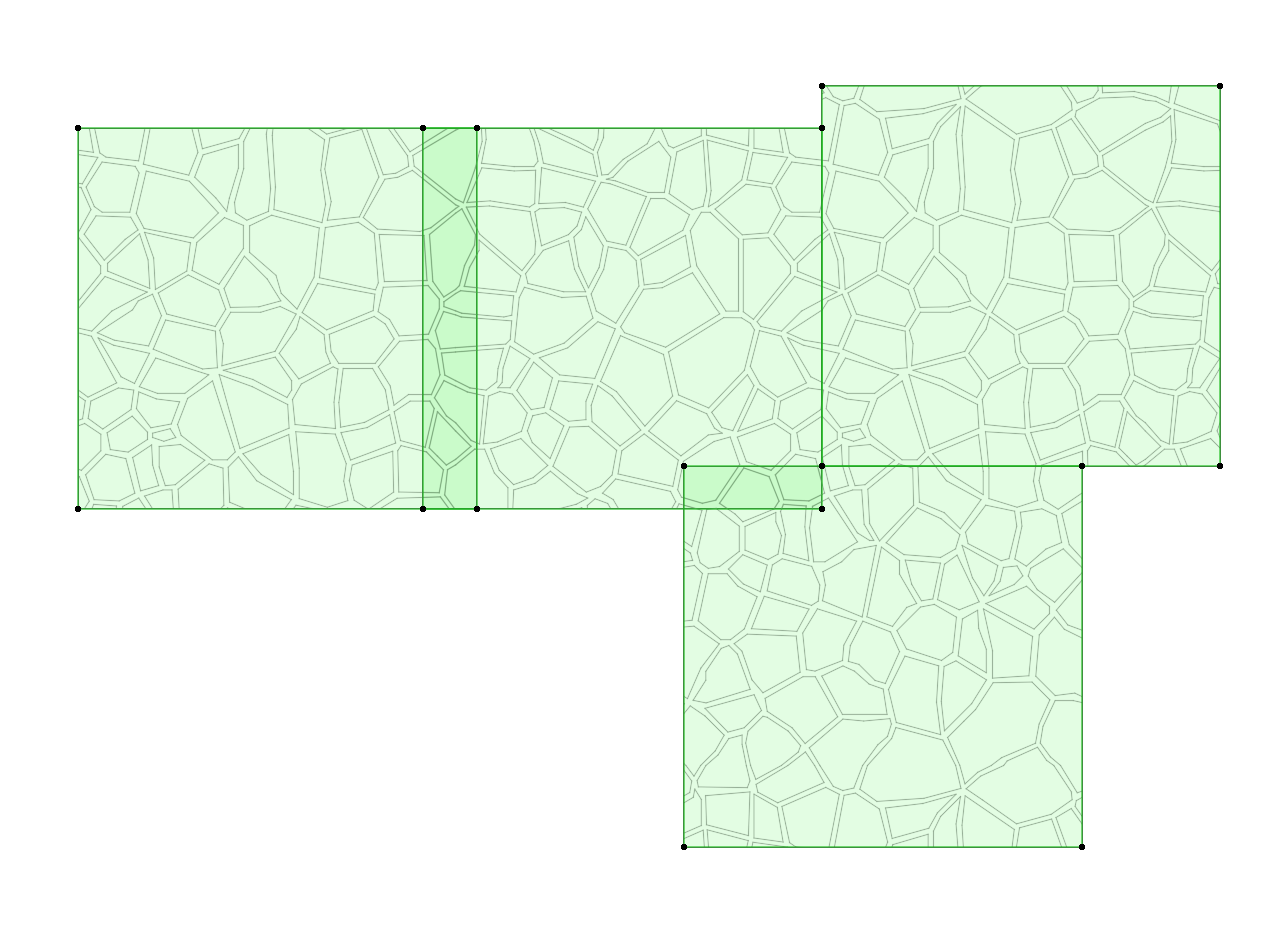 Plusieurs dalles rectangulaires vert clair avec trame de pavés irréguliers se chevauchent, certains chevauchements formant des bandes plus foncées, illustrant des zones de recouvrement entre éléments de dalle ou de zone dans un plan Archicad.