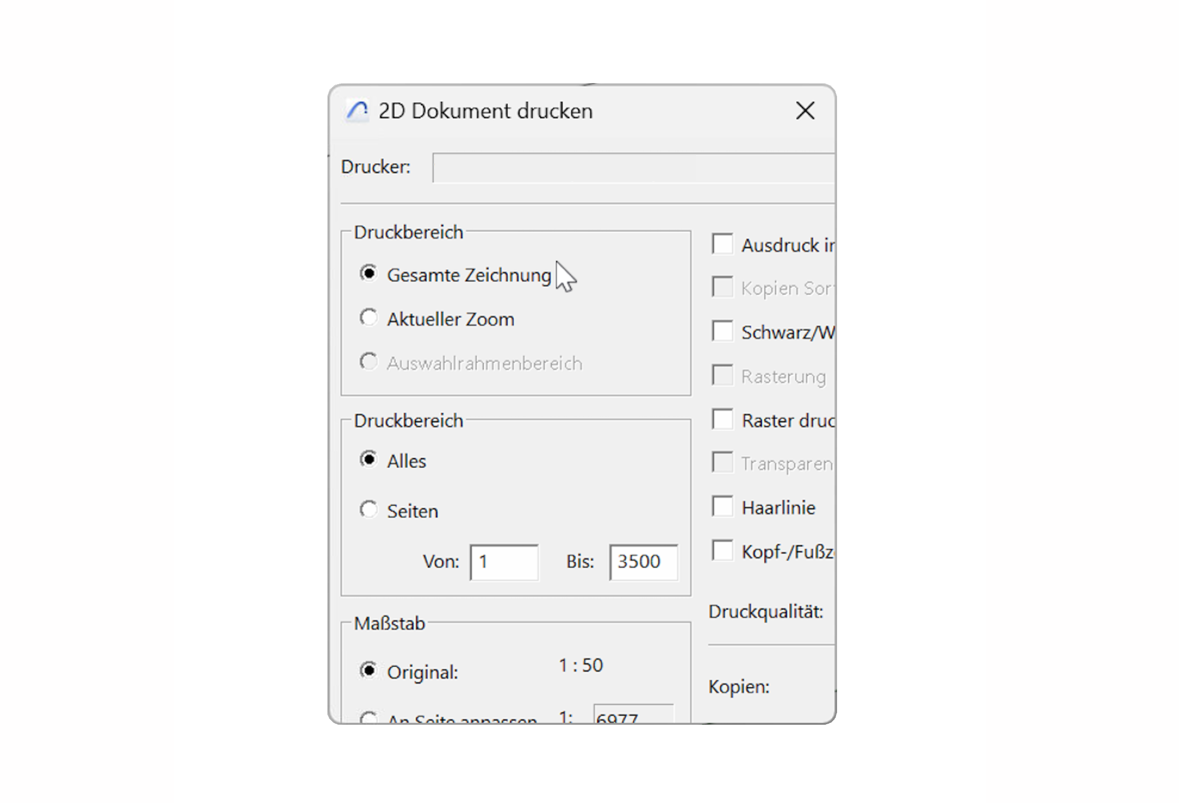 Alt-text: Boîte de dialogue « 2D Dokument drucken » en allemand, montrant les options d’impression d’un document 2D avec les sections « Druckbereich » où l’option « Gesamte Zeichnung » est sélectionnée, choix d’impression de toutes les pages, ainsi que les réglages d’échelle « Original 1:50 ».