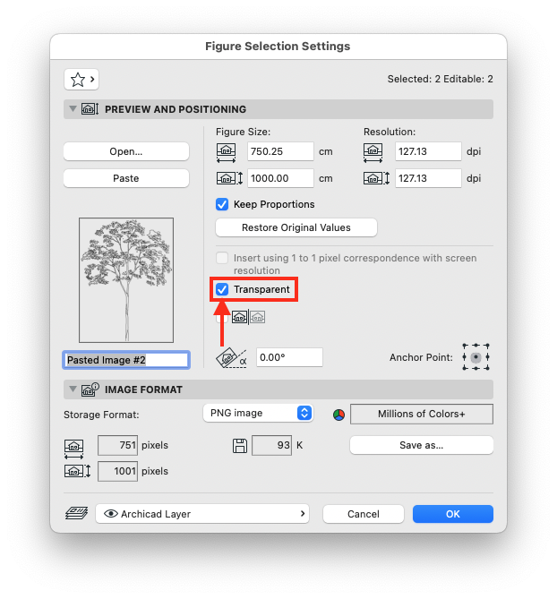 Boîte de dialogue « Figure Selection Settings » d’Archicad affichant les options de taille et de résolution d’une image d’arbre insérée, avec la case « Transparent » cochée et encadrée en rouge, et en bas le format d’enregistrement défini sur « PNG image » avec couleurs multiples.