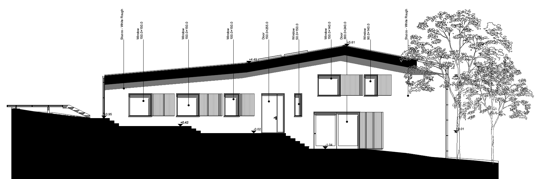 Élévation architecturale en noir et blanc d’une maison contemporaine à toit mono‑pente suivant la pente du terrain, avec fenêtres et portes cotées, escalier extérieur à gauche et, à droite, trois arbres détaillés aux contours fins dont le fond est désormais blanc grâce à la transparence de l’image importée.