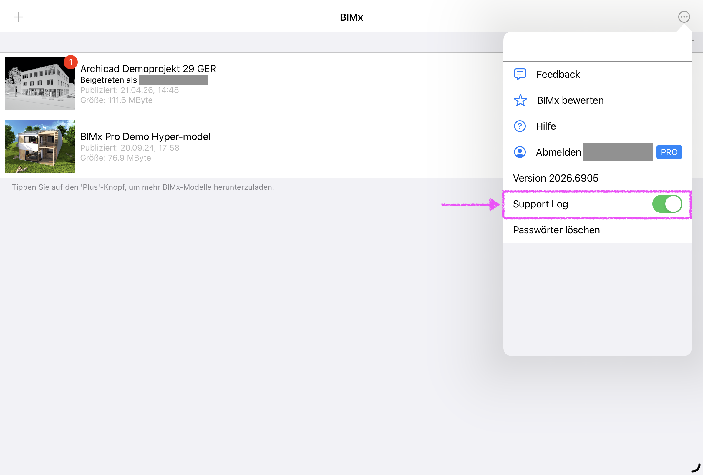 Startansicht der BIMx‑App mit geöffnetem Optionen‑Menü, im erweiterten Bereich unterhalb der Versionsnummer ist der Schalter Support Log eingeblendet und aktiviert um das Protokoll für den technischen Support aufzuzeichnen.