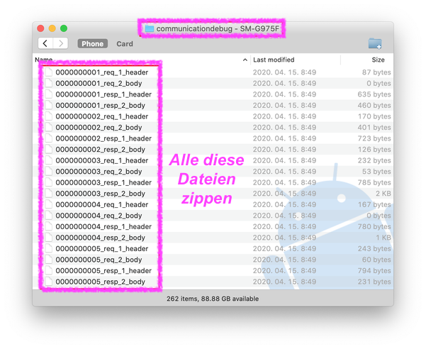 Finder‑Fenster auf macOS mit geöffnetem Ordner communicationdebug – SM‑G975F auf einem verbundenen Android‑Telefon, im linken Bereich sind zahlreiche Log‑Dateien (req_1_header, resp_2_body usw.) markiert die alle gemeinsam in ein ZIP‑Archiv gepackt werden sollen.