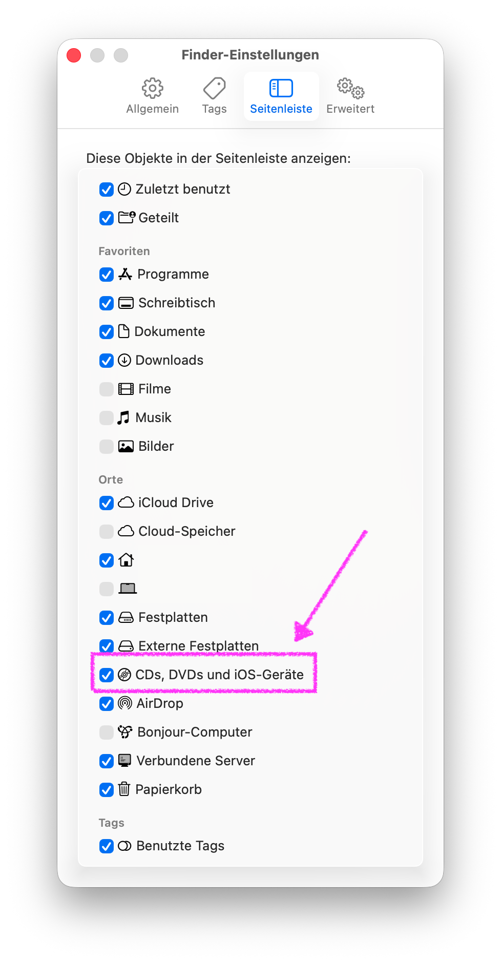 Dialog Finder‑Einstellungen auf der Registerkarte Seitenleiste, im Bereich Orte ist die Option CDs DVDs und iOS‑Geräte markiert damit angeschlossene iOS‑Geräte in der Finder‑Seitenleiste angezeigt werden.