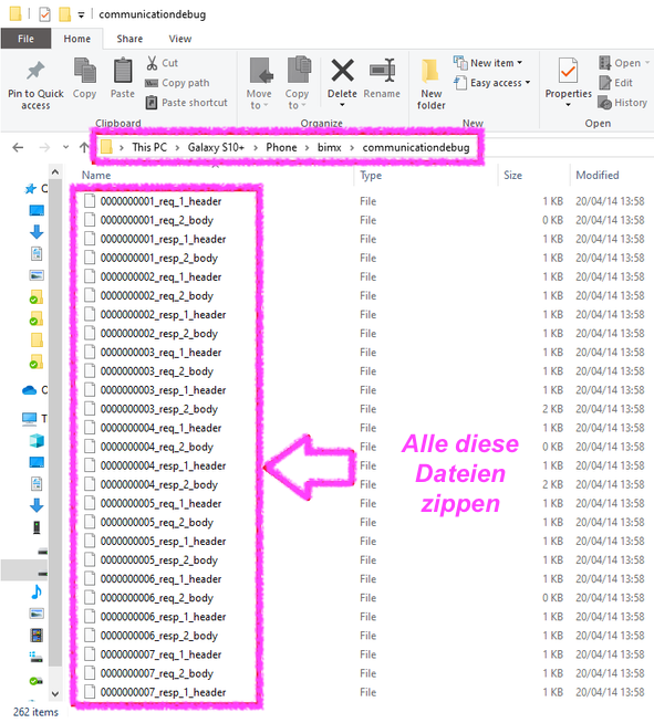 Windows‑Explorer mit geöffnetem Ordner communicationdebug auf einem per MTP verbundenen Smartphone, im markierten Pfad This PC > Galaxy S10+ > Phone > bimx > communicationdebug sollen alle sichtbaren Log‑Dateien mit den Namen req_1_header, req_2_body usw. gemeinsam zu einem ZIP‑Archiv gepackt werden.