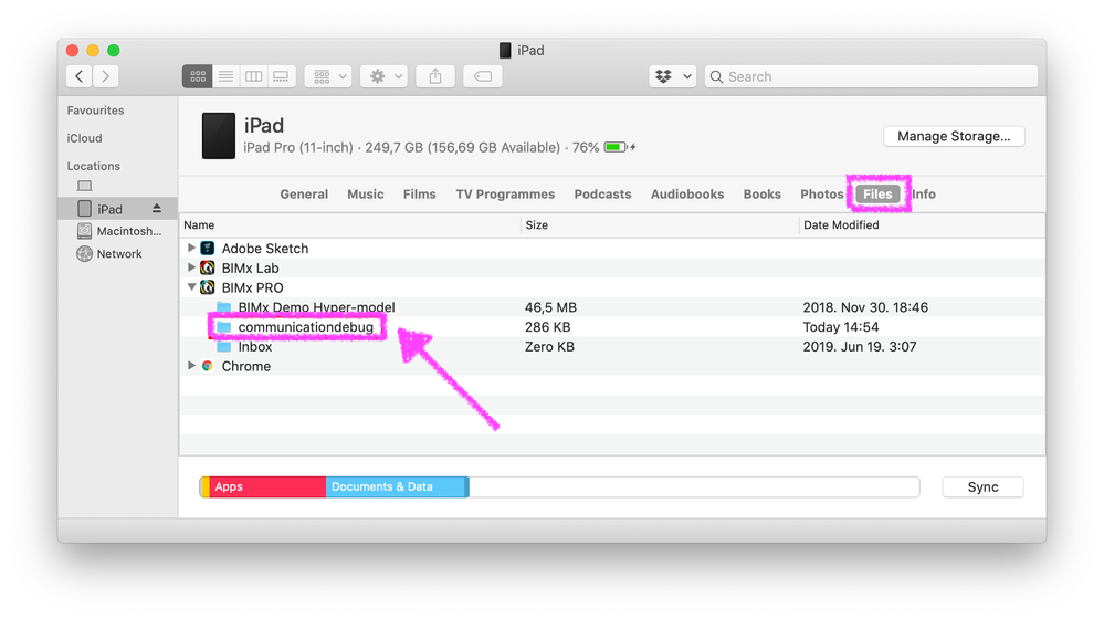 Finder‑Fenster vmit verbundenem&nbsp;iPad Pro (11‑inch)&nbsp;im Reiter&nbsp;Files, innerhalb des Bereichs&nbsp;BIMx PRO&nbsp;ist der Ordner&nbsp;communicationdebug&nbsp;markiert der die zu sichernden Support‑Logdateien enthält.