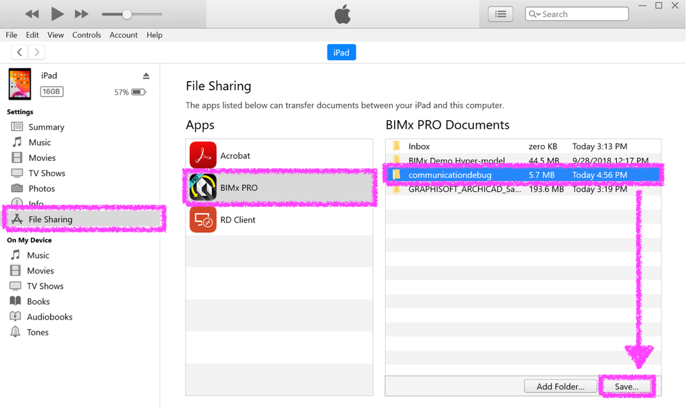 iTunes‑Fenster mit ausgewähltem iPad im Bereich File Sharing, links ist die App BIMx PRO markiert und rechts der Ordner communicationdebug der über die Schaltfläche Save… vollständig auf den Computer gesichert werden soll.