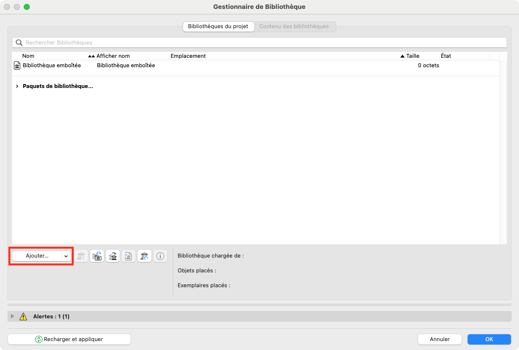 Fenêtre « Gestionnaire de Bibliothèque » d’Archicad affichant une bibliothèque imbriquée vide, avec le bouton « Ajouter… » dans la barre inférieure gauche mis en surbrillance rouge pour indiquer l’action à utiliser afin d’ajouter une bibliothèque.