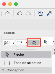 Capture d’écran de l’interface Graphisoft montrant la barre d’outils principale, avec le bouton « Aimant » pour activer l’accrochage des éléments mis en surbrillance rouge, sous le menu contextuel contenant les options « Flèche » et « Zone de sélection ».