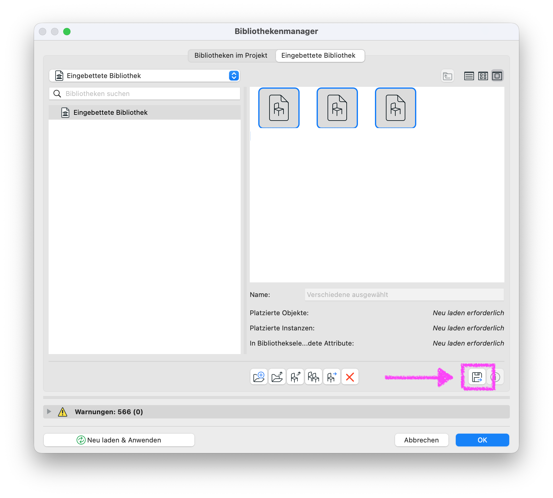 Dialogfenster Bibliothekenmanager mit dem offenen Reiter "Eingebettete Bibliothek" und dem markierten Button für "Objekt speichern".