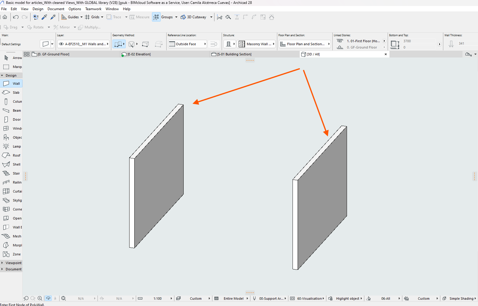 Capture d’écran d’Archicad montrant deux murs 3D parallèles isolés dans la vue, avec deux grandes flèches orange indiquant les arêtes supérieures opposées des murs, utilisée pour illustrer l’alignement de murs dans un tutoriel.