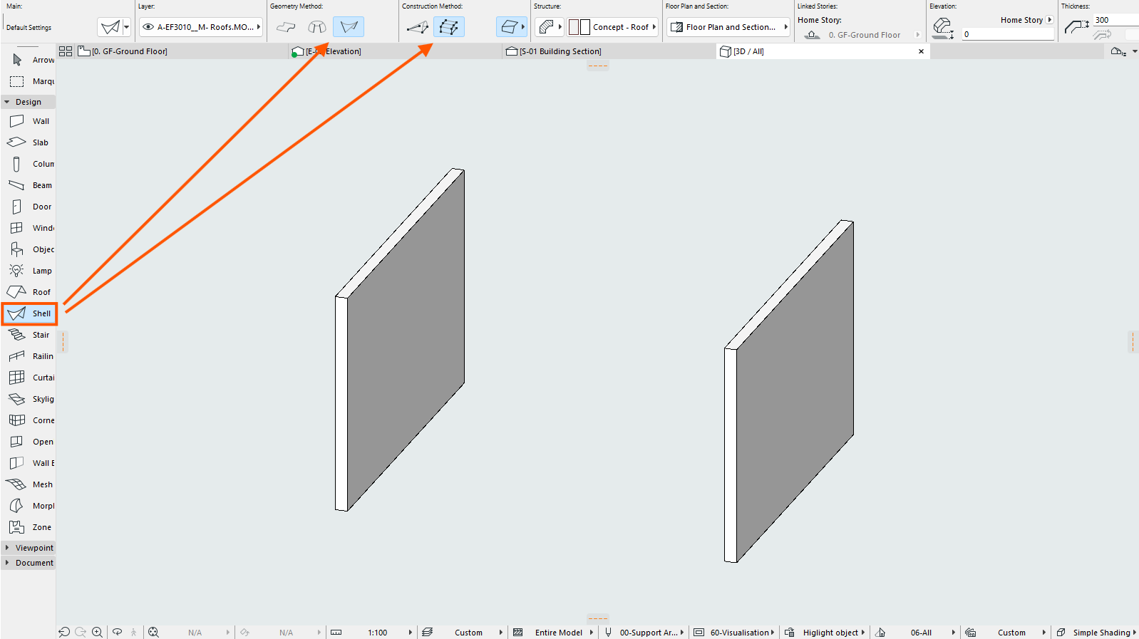 Capture d’écran d’Archicad montrant deux murs 3D parallèles, avec le bouton d’outil « Shell » et la méthode de géométrie en haut mis en évidence par des flèches orange pour expliquer la sélection de l’outil Coque.