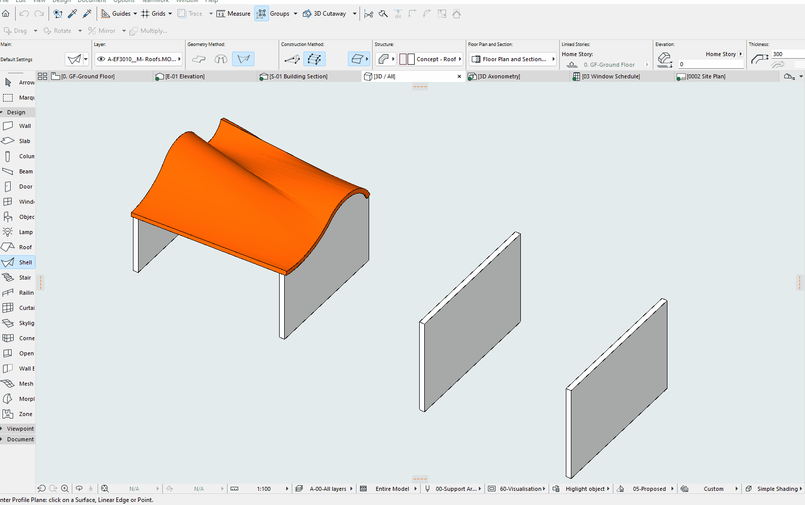 Capture d’écran d’Archicad montrant une coque incurvée orange créée avec l’outil Shell formant un toit entre deux murs supports, avec deux autres murs isolés à droite servant d’exemple pour d’autres variantes de coque.