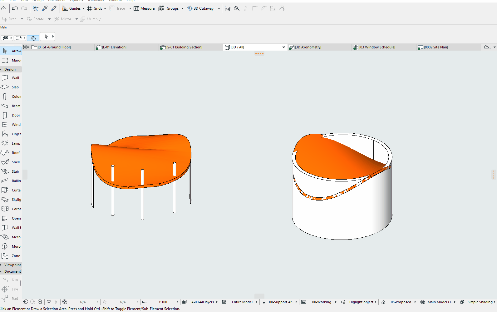 Capture d’écran d’Archicad montrant deux variantes de toit courbe orange créées avec l’outil Shell : à gauche une coque libre reposant sur des poteaux cylindriques, à droite la même coque ajustée à un mur circulaire plein pour former une couverture de bâtiment.