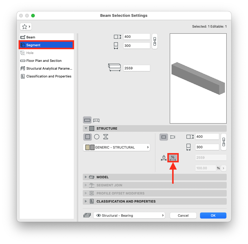 Fenêtre « Beam Selection Settings » d’Archicad affichant l’onglet Segment surligné en rouge dans la liste de gauche et, à droite, les paramètres du segment de poutre avec les champs de dimensions et de structure, dont une icône de pourcentage encadrée en rouge avec une flèche indiquant le contrôle de réglage de la hauteur de la poutre.
