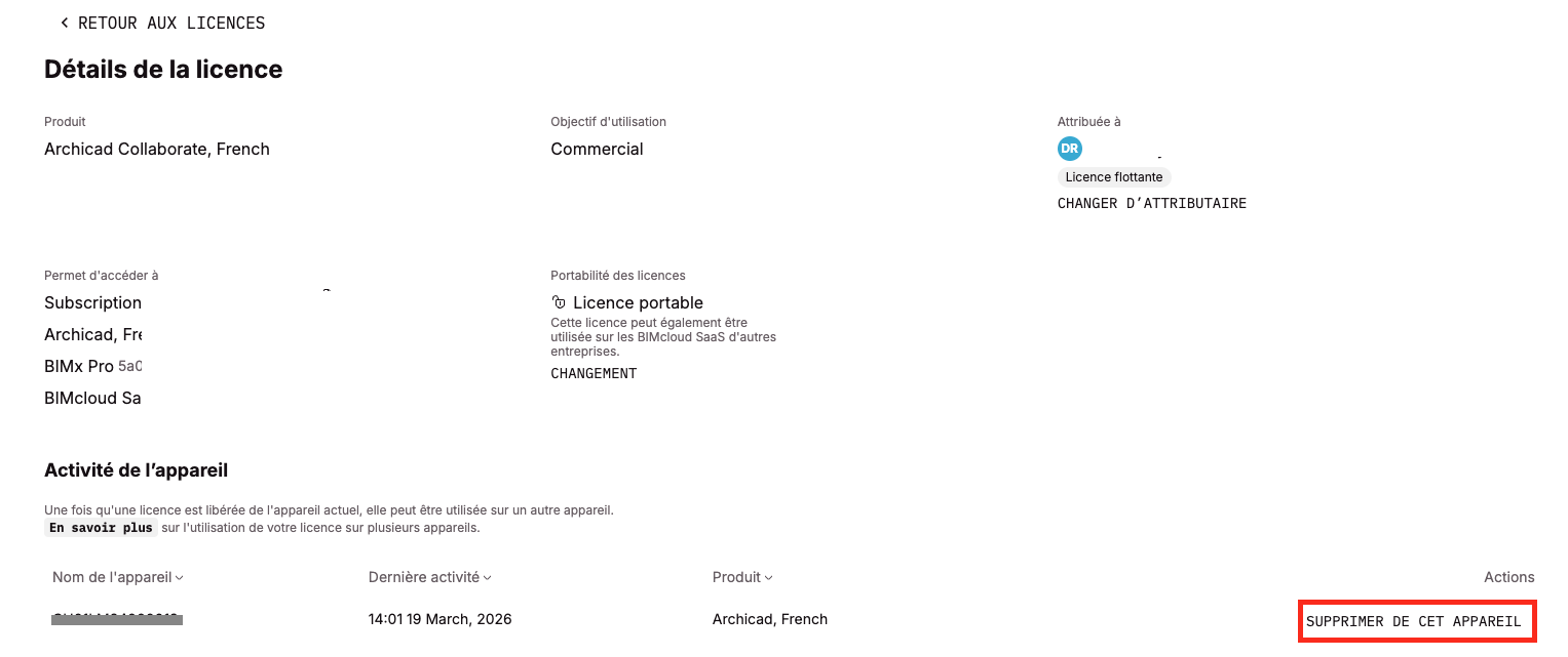 Page « Détails de la licence » du portail Graphisoft pour le produit « Archicad Collaborate, French » indiquant l’objectif d’utilisation « Commercial », l’attributaire identifié par ses initiales avec étiquette « Licence flottante », la section « Portabilité des licences » affichant « Licence portable », une zone « Activité de l’appareil » listant le nom de l’ordinateur, la dernière activité et le produit, et en bas à droite le bouton encadré « SUPPRIMER DE CET APPAREIL » permettant de libérer la licence de ce poste.