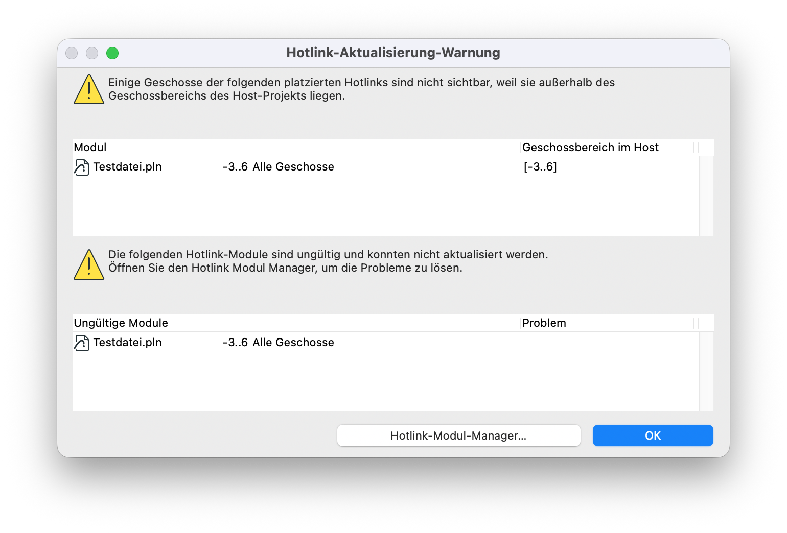 Dialogfenster **Hotlink-Aktualisierung-Warnung**. Es wird darauf hingewiesen, dass Geschosse eines Hotlink-Moduls außerhalb des Geschossbereichs des Host-Projekts liegen und das Modul deshalb nicht aktualisiert werden kann. Über die Schaltfläche **Hotlink-Modul-Manager…** können weitere Informationen aufgerufen und das Problem behoben werden.