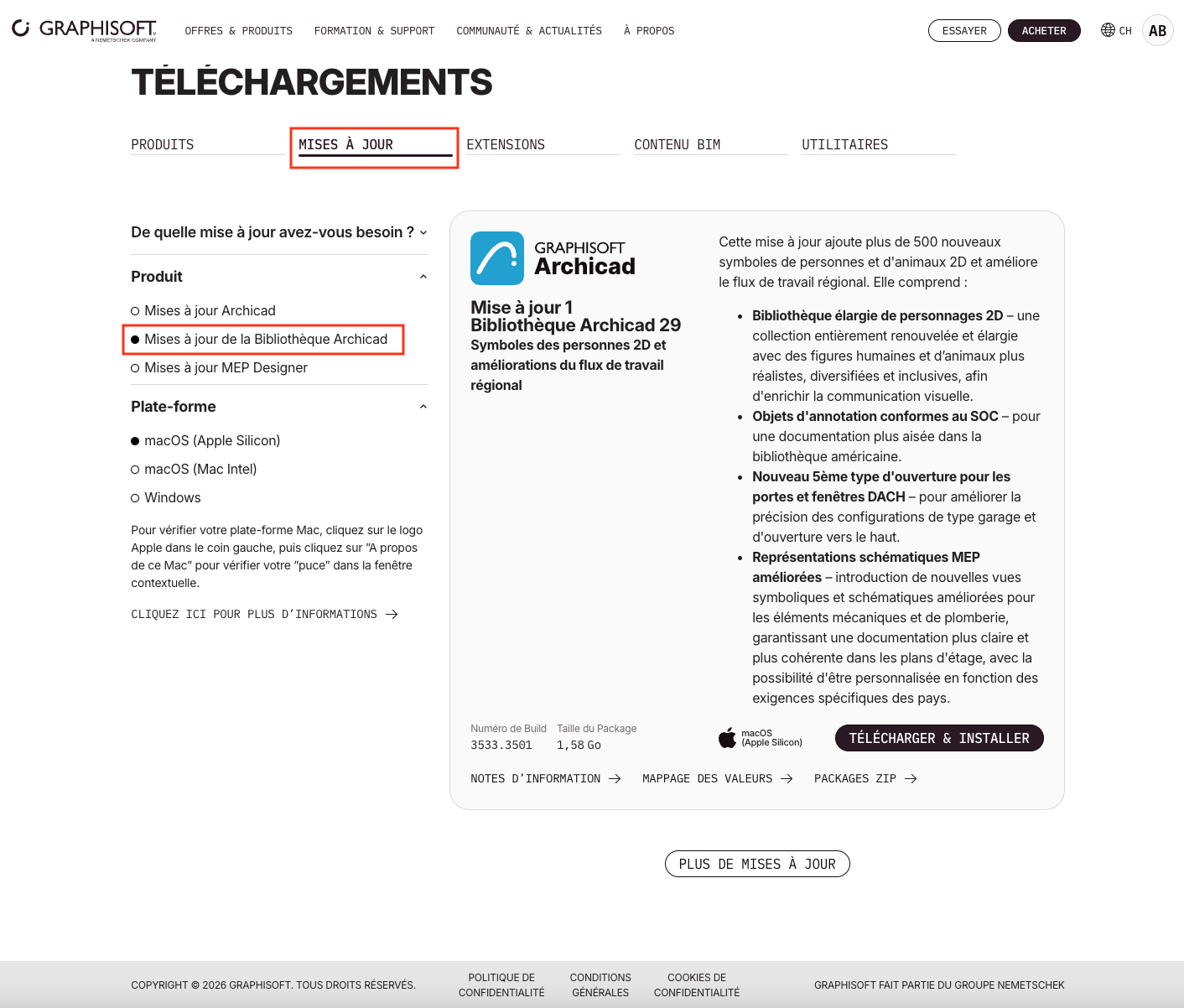 Page « TÉLÉCHARGEMENTS » du site Graphisoft avec l’onglet « MISES À JOUR » et l’option « Mises à jour de la Bibliothèque Archicad » sélectionnés, affichant à droite la description de la « Mise à jour 1 Bibliothèque Archicad 29 » avec bouton « TÉLÉCHARGER + INSTALLER ».