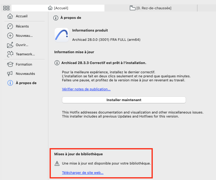 Écran « À propos de » d’Archicad affichant les informations de version et, en bas, une section encadrée « Mises à jour de bibliothèque » indiquant qu’une mise à jour est disponible pour la bibliothèque avec un lien « Télécharger du site web… ».