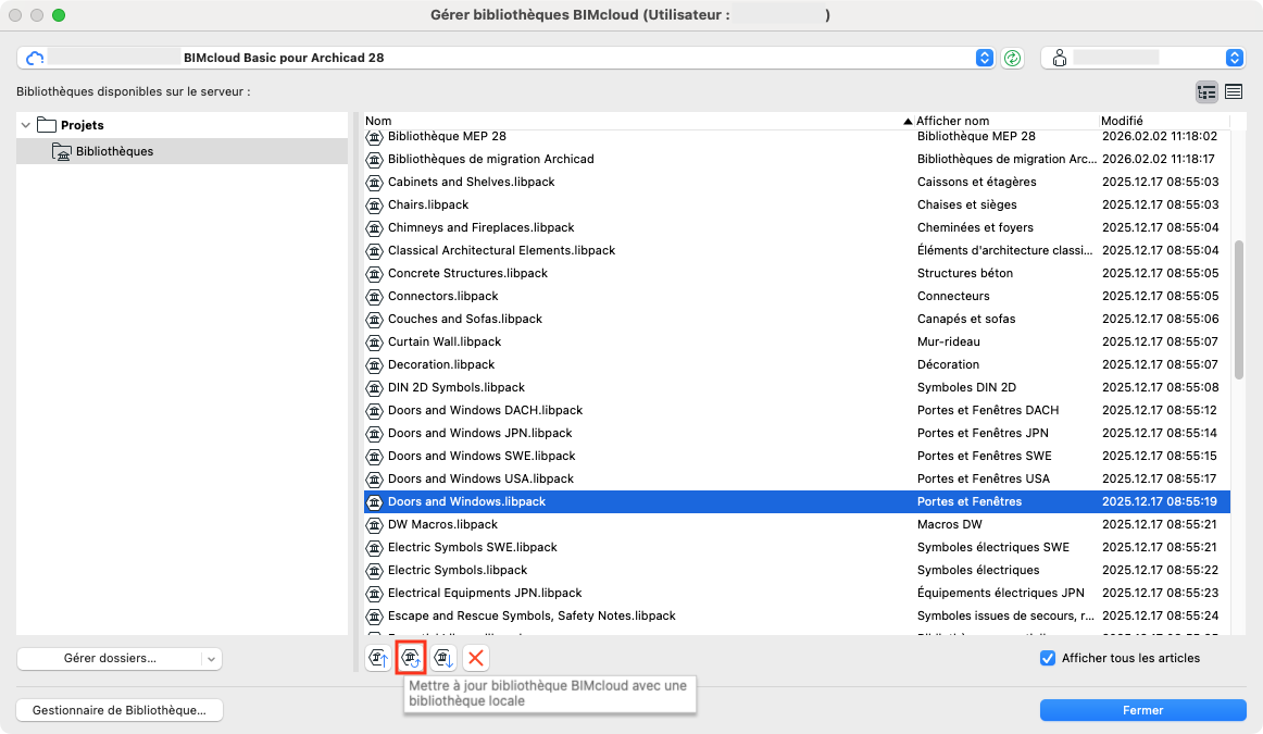 Fenêtre « Gérer bibliothèques BIMcloud » affichant la liste des bibliothèques serveur pour Archicad 28, avec « Doors and Windows.libpack » sélectionnée et, en bas, l’icône « Mettre à jour bibliothèque BIMcloud avec une bibliothèque locale » mise en évidence pour lancer la mise à jour du libpack.