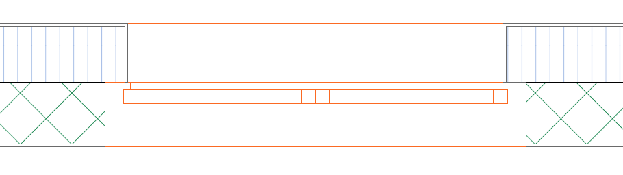 Détail de dessin en élévation montrant une longue tringle horizontale stylisée au centre, encadrée par deux zones de stockage à rayonnages verticaux au-dessus d’un motif de hachures en losanges, suggérant un support de rayonnage ou de penderie entre deux éléments.