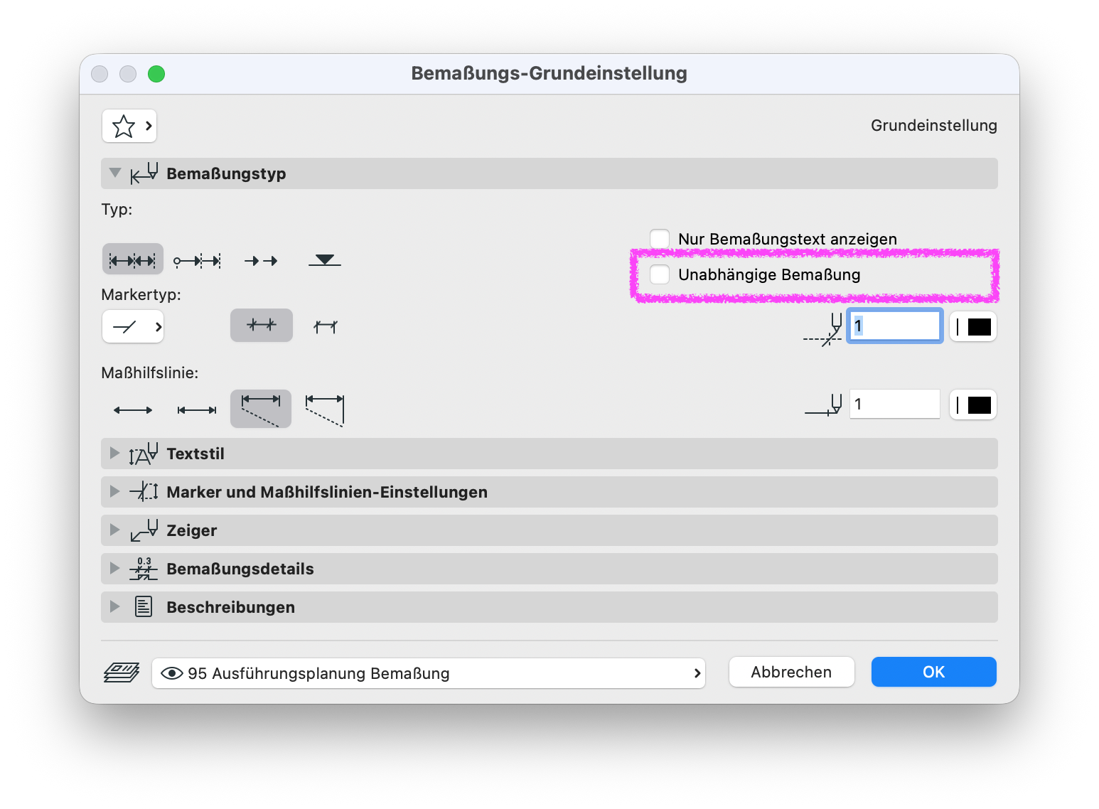 Bemaßungs-Grundeinstellungen mit deaktivierter Option Unabhängige Bemaßung im Bereich Bemaßungstyp, die die Verknüpfung der Bemaßung mit den referenzierten Elementen steuert