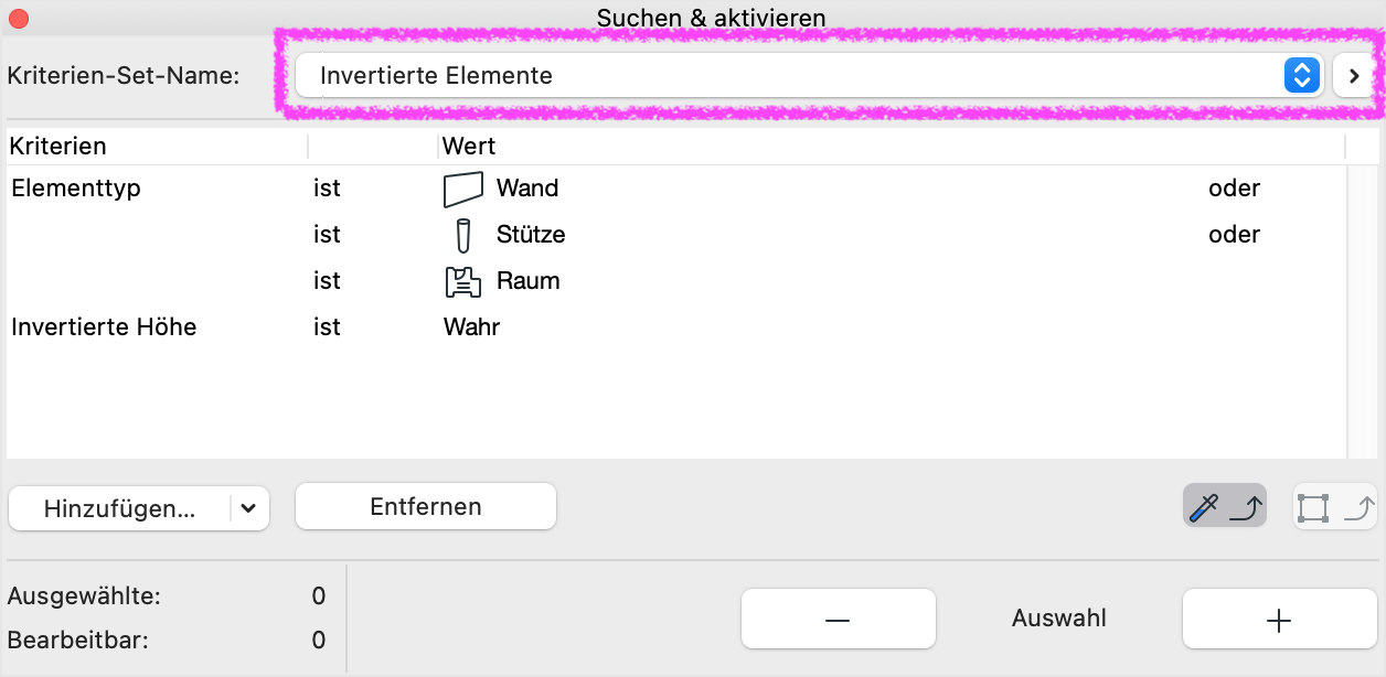 Dialog Suchen & aktivieren mit ausgewähltem Kriterien-Set Invertierte Elemente, das Elemente wie Wände, Stützen und Räume mit invertierter Höhe filtert