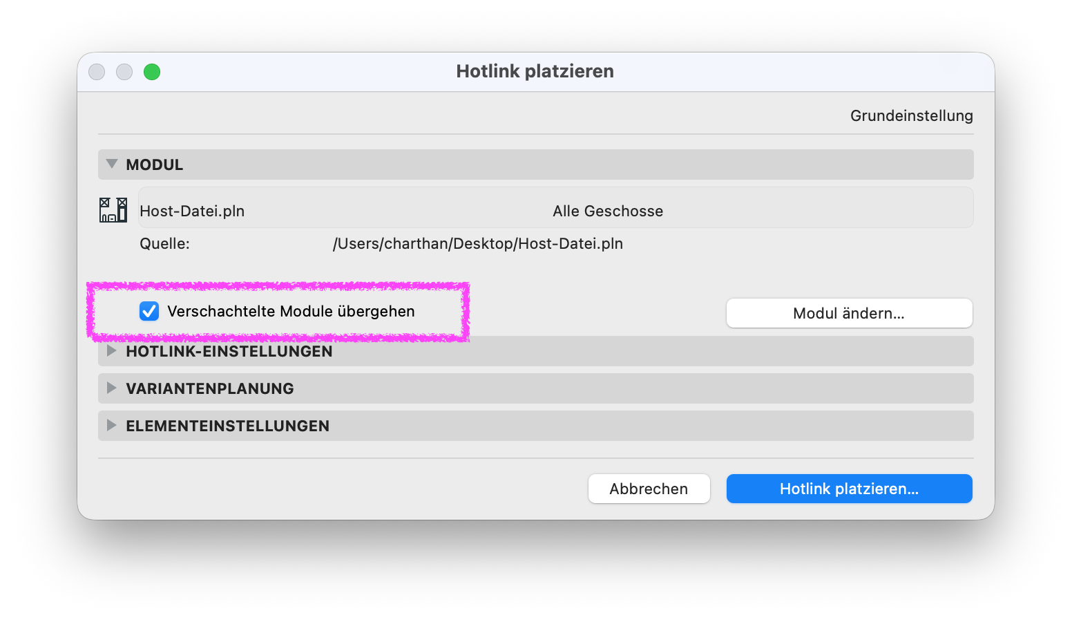 Dialog Hotlink platzieren mit aktivierter Option Verschachtelte Module übergehen, um untergeordnete Hotlinks beim Platzieren auszuschließen