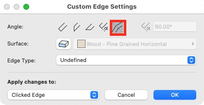 Fenêtre de dialogue « Custom Edge Settings » d’Archicad affichant les options d’angle de bord en haut, où l’icône de bord incliné est encadrée en rouge, ainsi que les paramètres de surface, de type de bord et la liste déroulante « Apply changes to », avec les boutons « Cancel »
