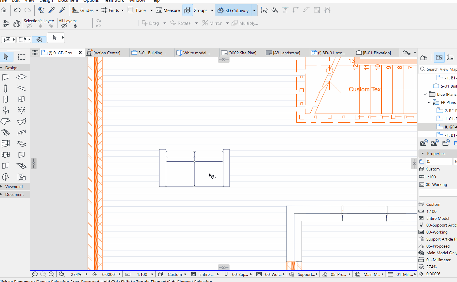 Vue du plan d’étage dans Archicad montrant l’interface complète avec une fenêtre de projet ouverte ; au centre, un symbole de canapé 2D est sélectionné et déplacé sur le plan, entouré de murs, d’un dessin de détail orange et du navigateur de vues à droite.