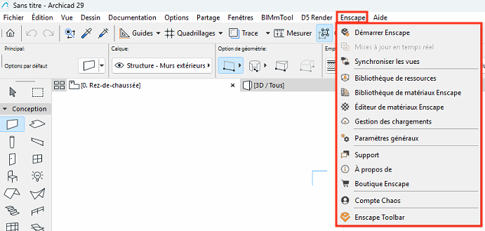 Menu déroulant Enscape dans Archicad 29 affichant des options telles que Démarrer Enscape, Synchroniser les vues, Bibliothèque de ressources, Éditeur de matériaux Enscape, et Enscape Toolbar