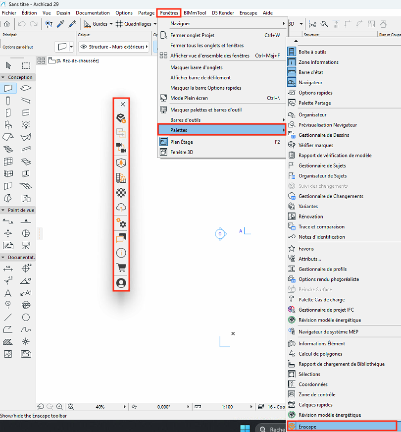 Menu Fenêtres d'Archicad 29 avec le sous-menu Palettes ouvert affichant Plan Étage et Fenêtre 3D, barre d'outils verticale à gauche avec icônes de conception