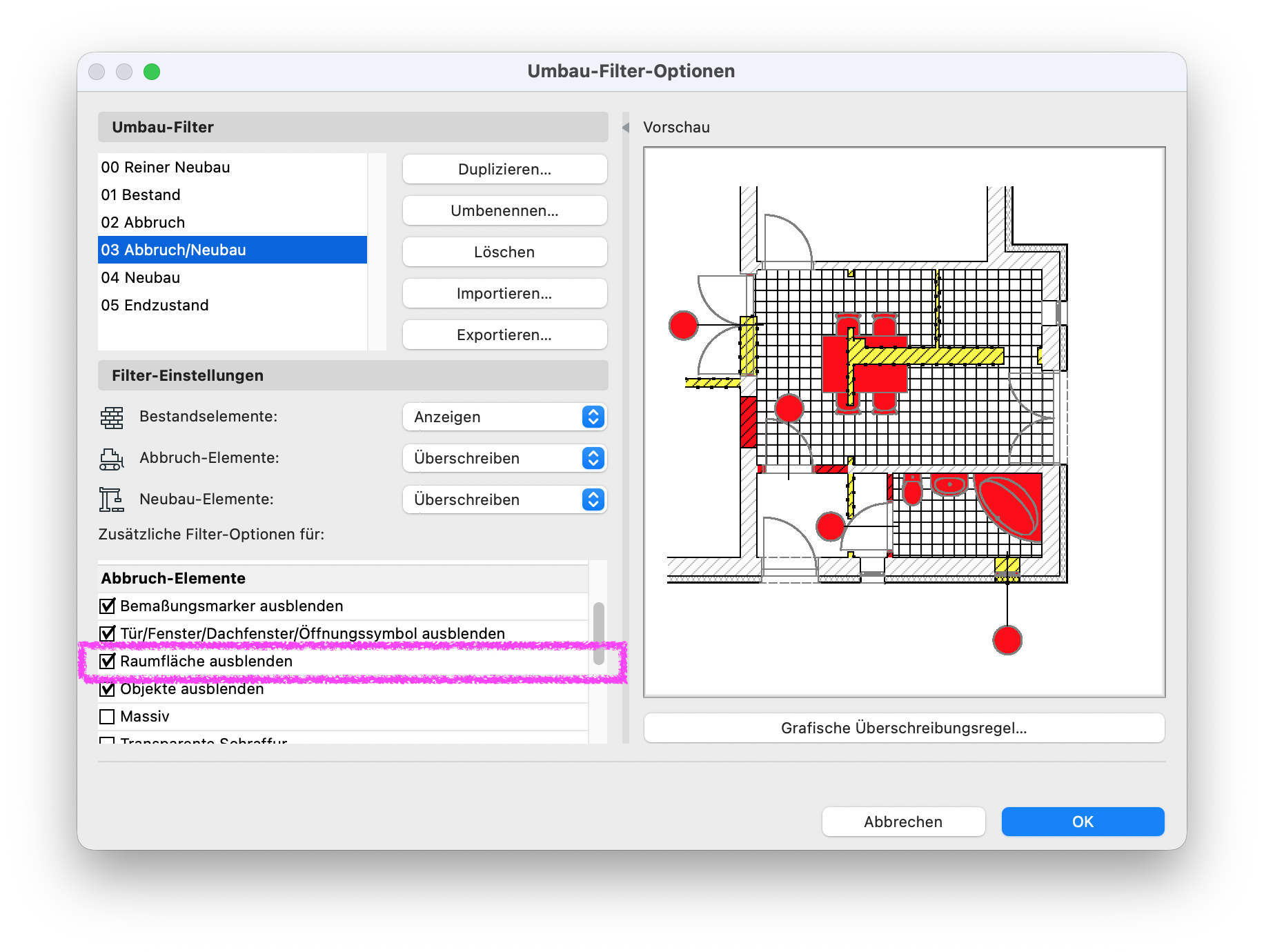 Umbau-Filter-Optionen mit aktivierter Option Raumfläche ausblenden für Abbruch-Elemente, um Räume im Abbruchstatus nicht darzustellen