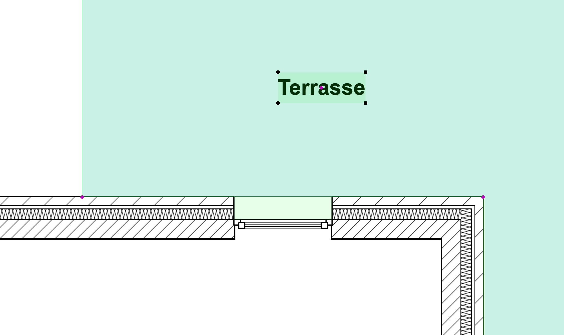 Raumfläche einer Terrasse zieht sich bei einer bodentiefen Tür automatisch in die Türöffnung hinein und schließt den Bereich zwischen den angrenzenden Bauteilen.