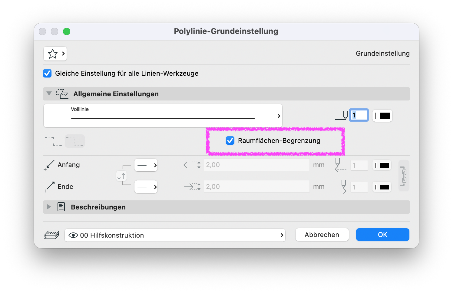 Aktivierte Option Raumflächen-Begrenzung in den Polyline-Grundeinstellungen zur Verwendung als Raumbegrenzung.