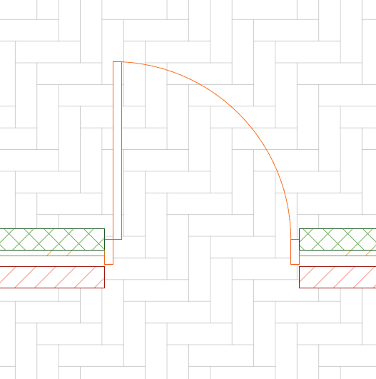 Vue en plan Archicad d’une porte ouverte au milieu d’une cloison, représentée en traits orange avec arc d’ouverture, entre deux zones de plancher avec motifs de hachures vertes et rouges, sans hachure pleine sous le seuil afin de montrer un passage libre dans le revêtement de sol en parquet.