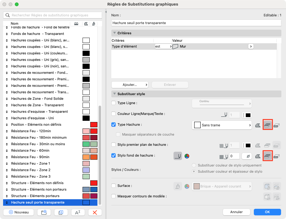Fenêtre Archicad « Règles de Substitutions graphiques » montrant, à gauche, la liste des règles où « Hachure seuil porte transparente » est sélectionnée, et à droite les paramètres de la règle : nom en haut, critère « Type d’élément est Mur », puis la section « Substituer style » avec les options de type de ligne et de hachure. Les boutons d’édition de hachure de type et de stylo de fond de hachure sont encadrés en rouge pour souligner le choix du motif de hachure appliqué aux murs concernés.