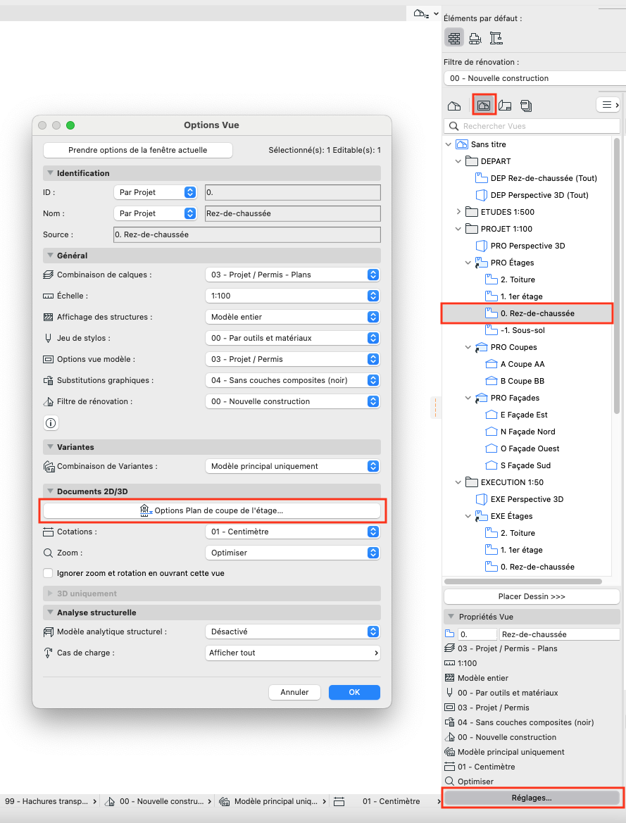 Fenêtre Archicad « Options Vue » ouverte, affichant les paramètres d’une vue « Rez-de-chaussée ». Dans la section « Documents 2D/3D », l’option « Options Plan de coupe de l’étage… » est encadrée en rouge. À droite, l’arborescence des vues met également en évidence « 0. Rez-de-chaussée » et, en bas de la palette, le bouton « Réglages… » est surligné, indiquant le chemin pour accéder à ces options.