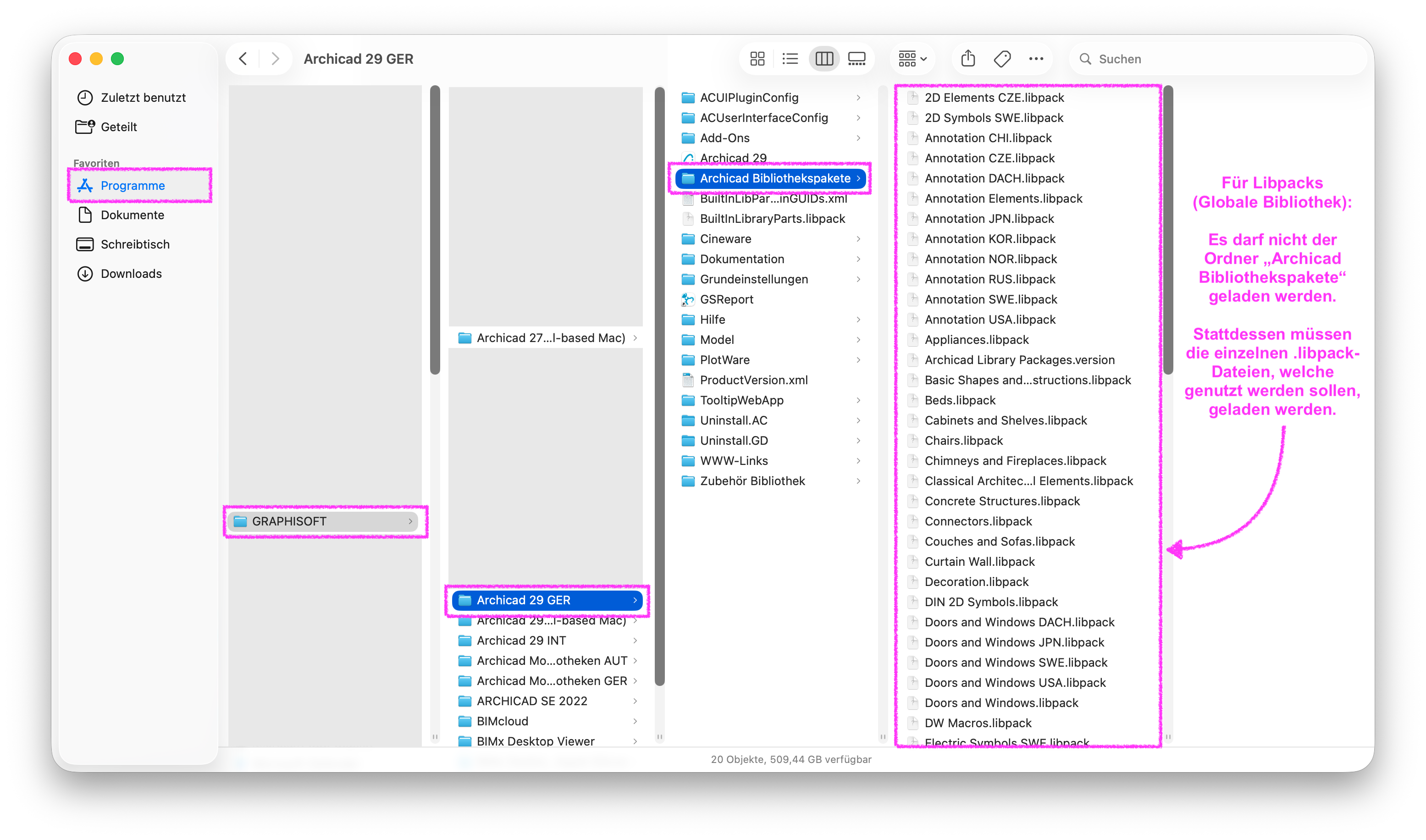 macOS Speicherpfad für Bibliothekenpakete in Archicad 29.