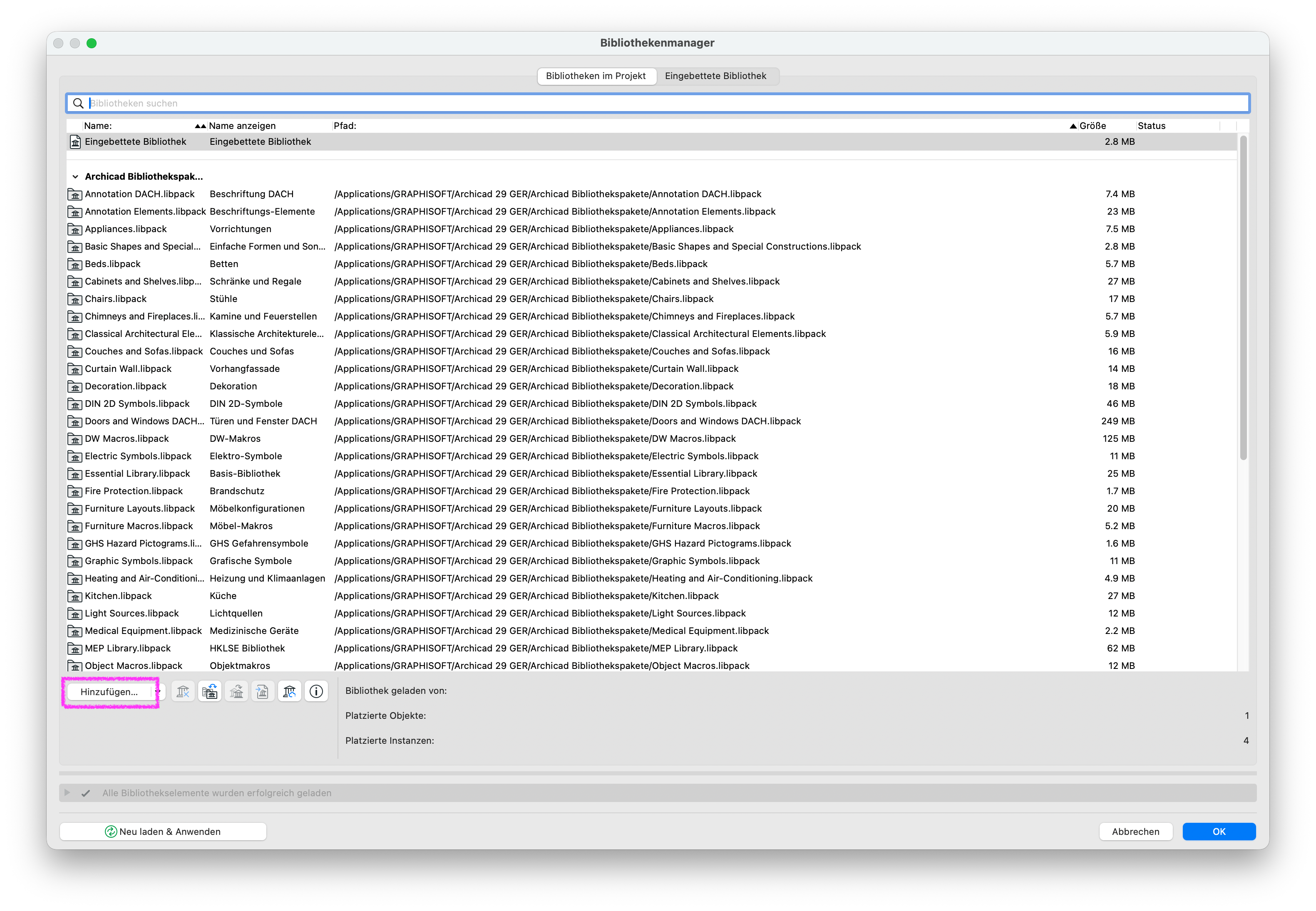 Bibliothekenmanager in Archicad 29 mit bereits geladenen Bibliothekenpaketen.