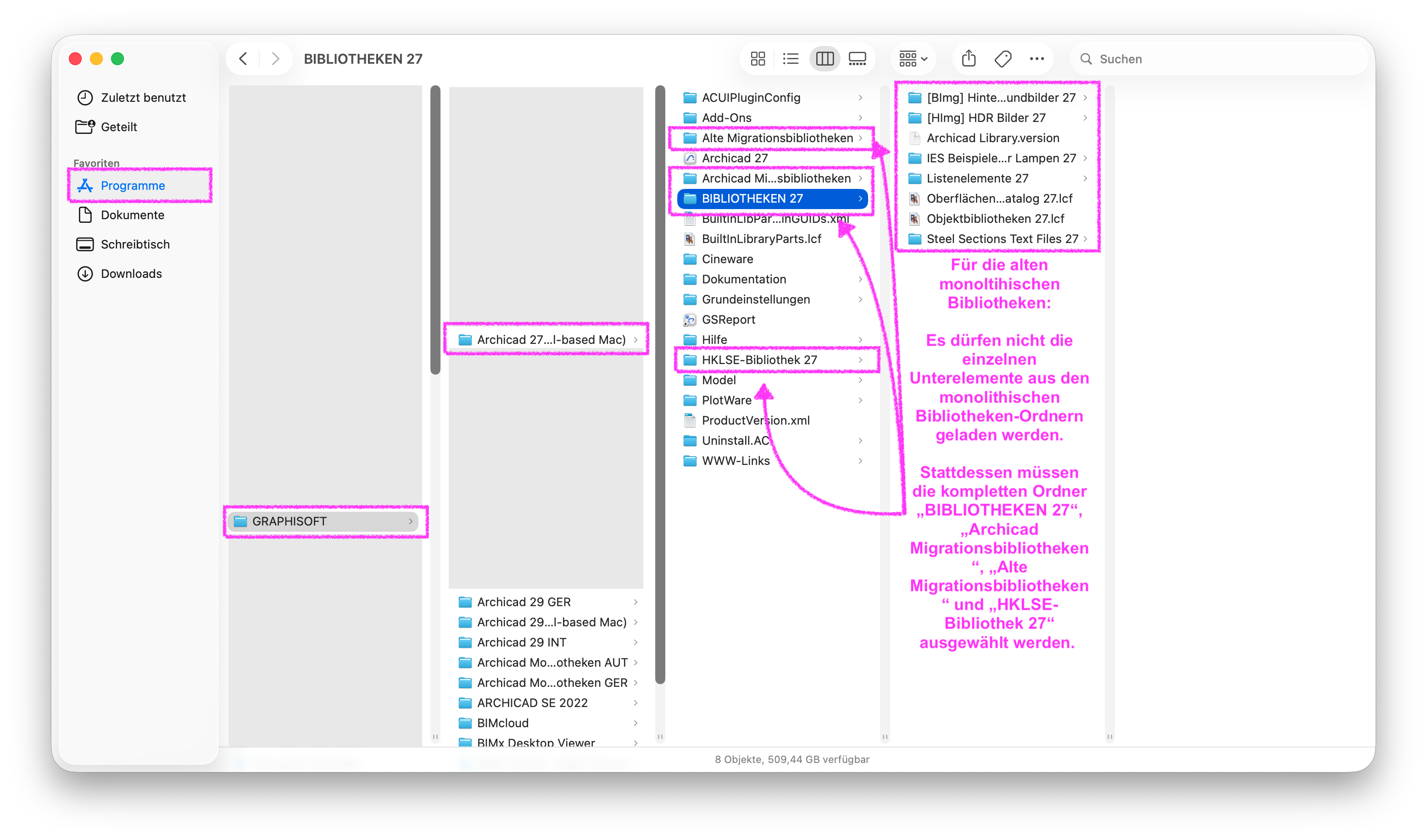 macOS Speicherpfad für Bibliotheken-Ordner in Archicad 27.