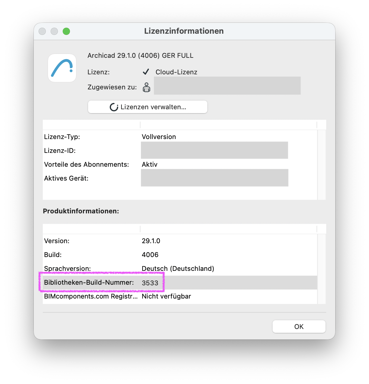Angezeigte Buildnummer der Bibliothek in Archicad unter Lizenzinformationen.