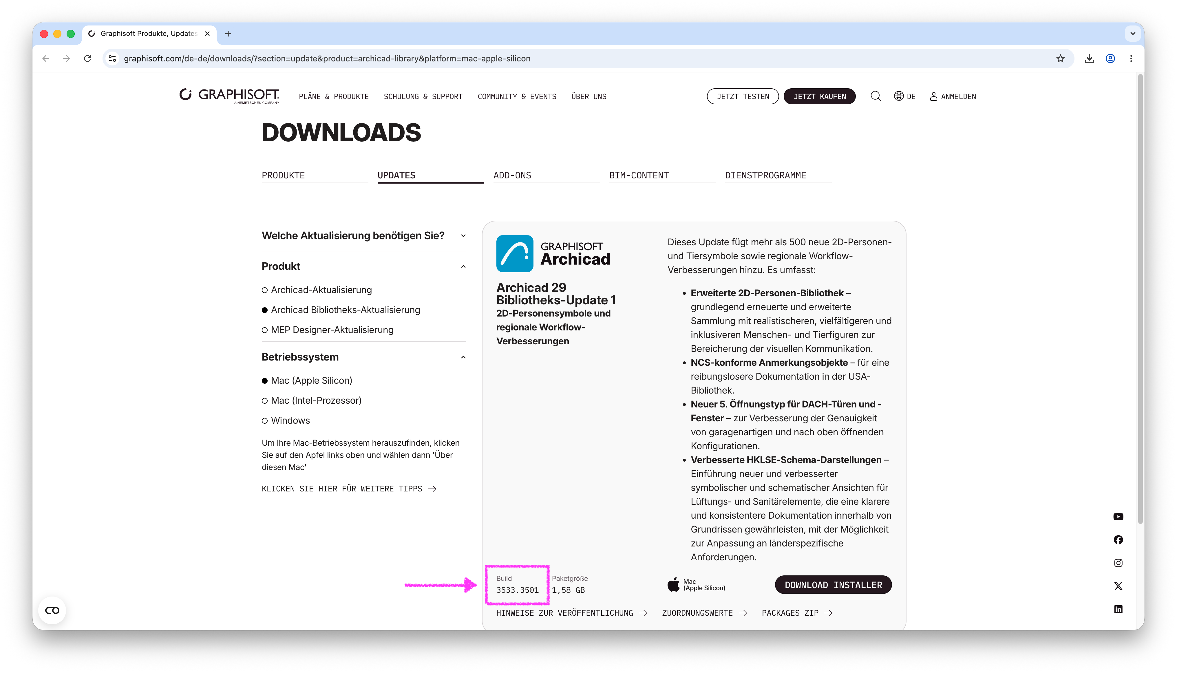 Download Webseite zeigt für das Archicad Bibliotheks-Aktualisierung Update die entsprechende Buildnummer an.
